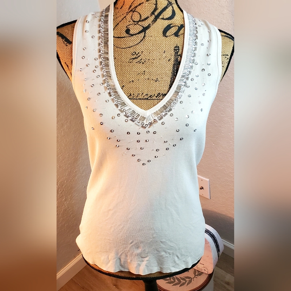 Whbm tank with beaded detail cream. Size M